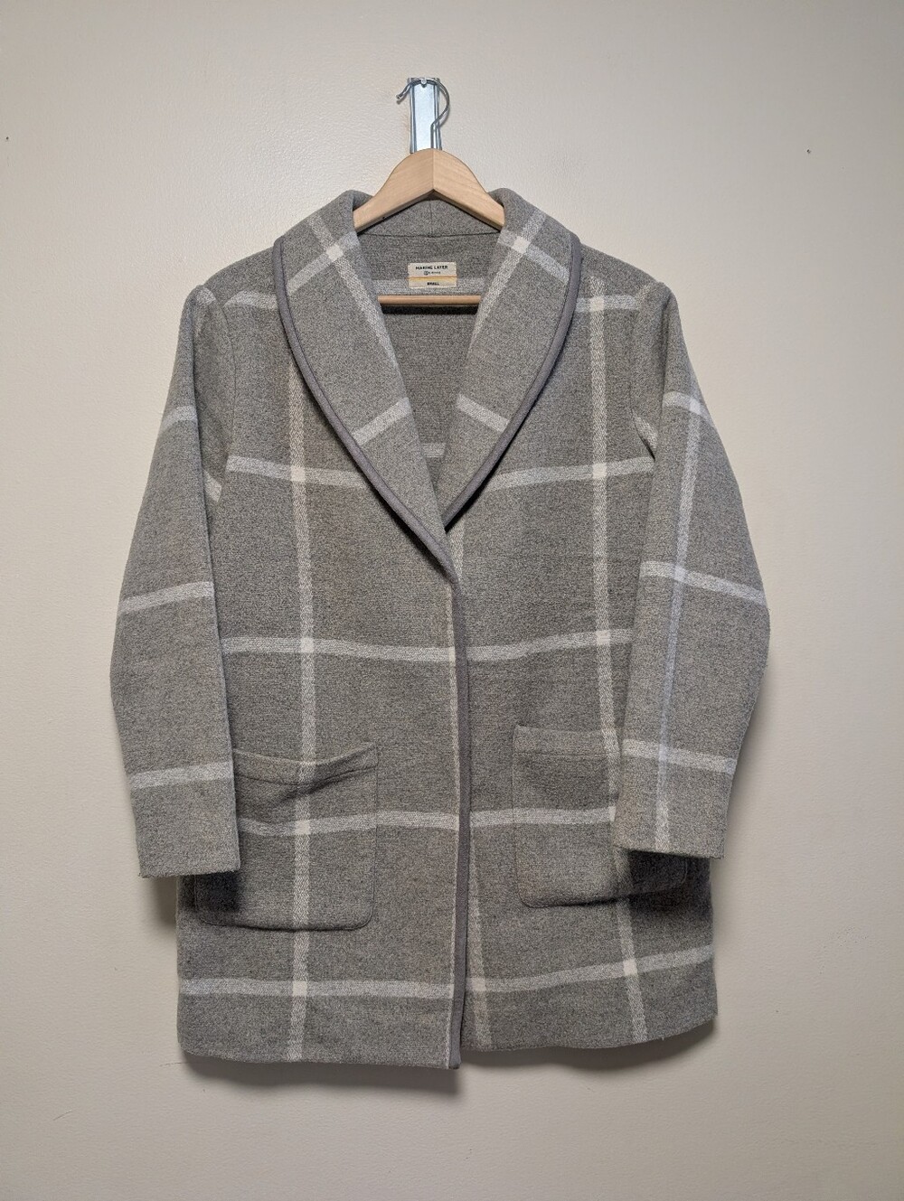 Marine Layer Re-Spun Small Gray Plaid Shawl Collar Coatigan Cardigan